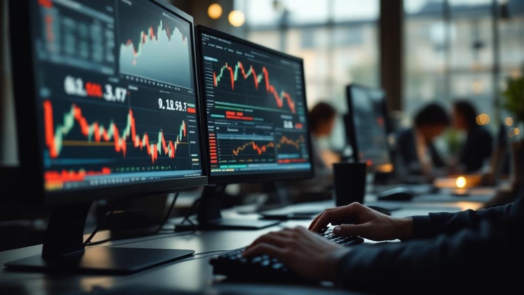 Analyst desk at a European bank trading floor showing market data terminals after the WSJ report on OpenAI revenue and user-growth shortfalls.