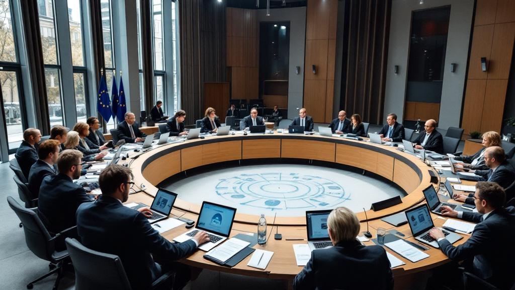A wide-angle editorial photograph taken inside a contemporary European parliamentary committee room, with delegates seated around a large curved table covered in policy documents and laptops displayin