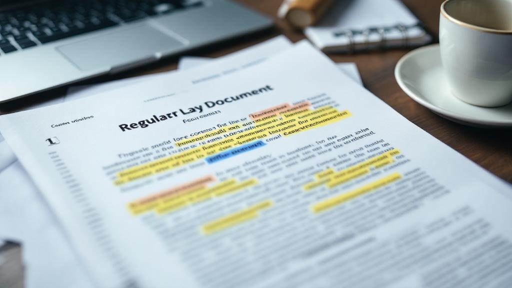 A close-up editorial photograph of a legal professional's desk in a European city office: a printed copy of a dense regulatory document with highlighted passages and handwritten margin notes, a laptop