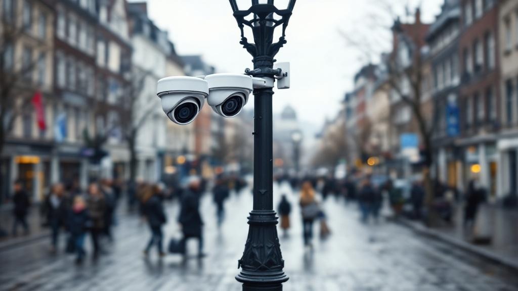 An editorial photograph of a European city square shot from a slightly elevated angle, with visible CCTV camera housings mounted on a lamp post in the foreground and ordinary pedestrians going about t