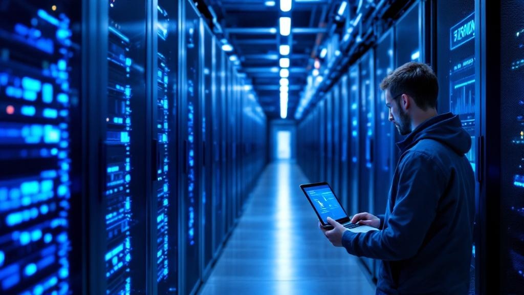 A wide-angle editorial photograph taken inside a European AI compute facility, showing rows of GPU server racks bathed in cool blue operational lighting. In the foreground, two engineers in casual wor