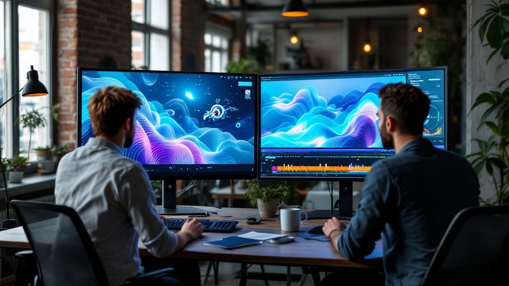 A wide-angle editorial photograph taken inside a contemporary European creative studio, showing two professionals reviewing AI-generated visual content on large monitors. The setting is a minimalist B