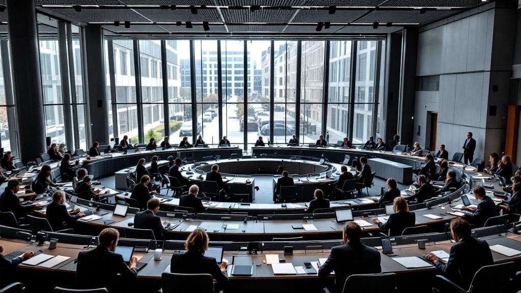 Wide-angle editorial photograph inside a contemporary European legislative chamber or regulatory office: rows of desks with laptops open, officials in discussion, large windows overlooking a Brussels 