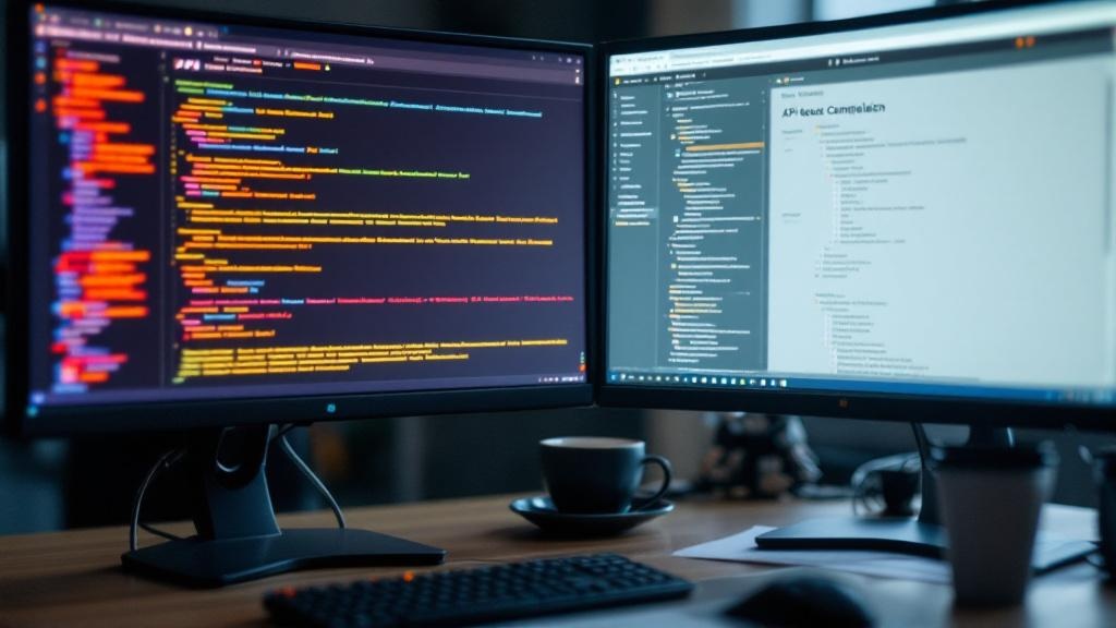 Close-up editorial photograph of a software engineer's dual-monitor workstation showing two side-by-side API documentation pages with different feature flags highlighted in different colours, suggesti