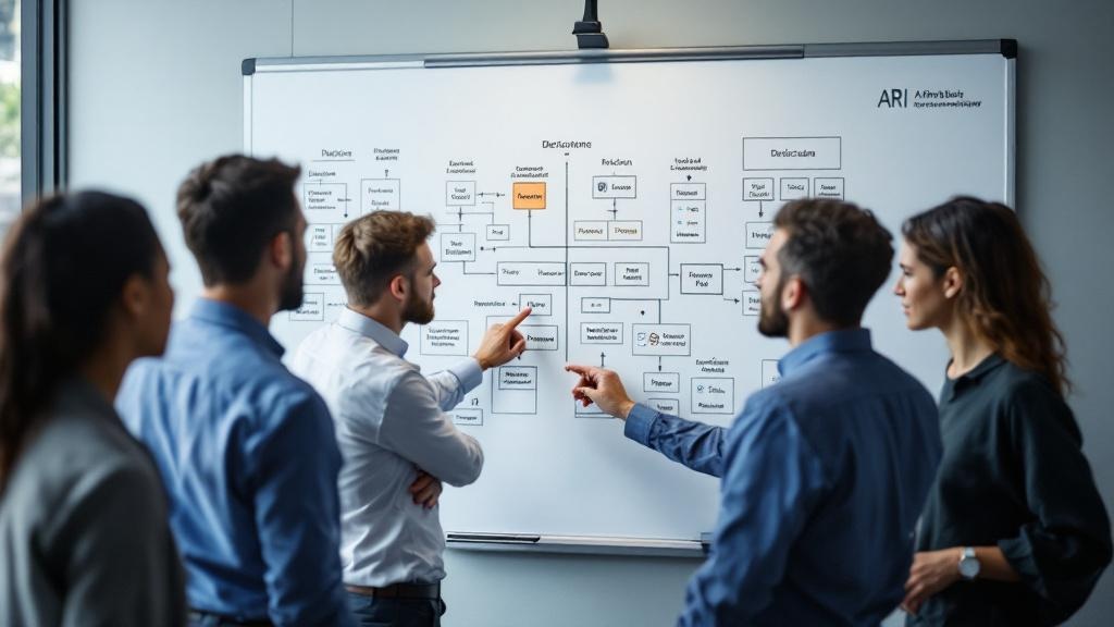 Editorial photograph of a small group of researchers in a modern Paris or London AI lab, gathered around a whiteboard covered in diagrams of model architecture and regulatory compliance timelines, one