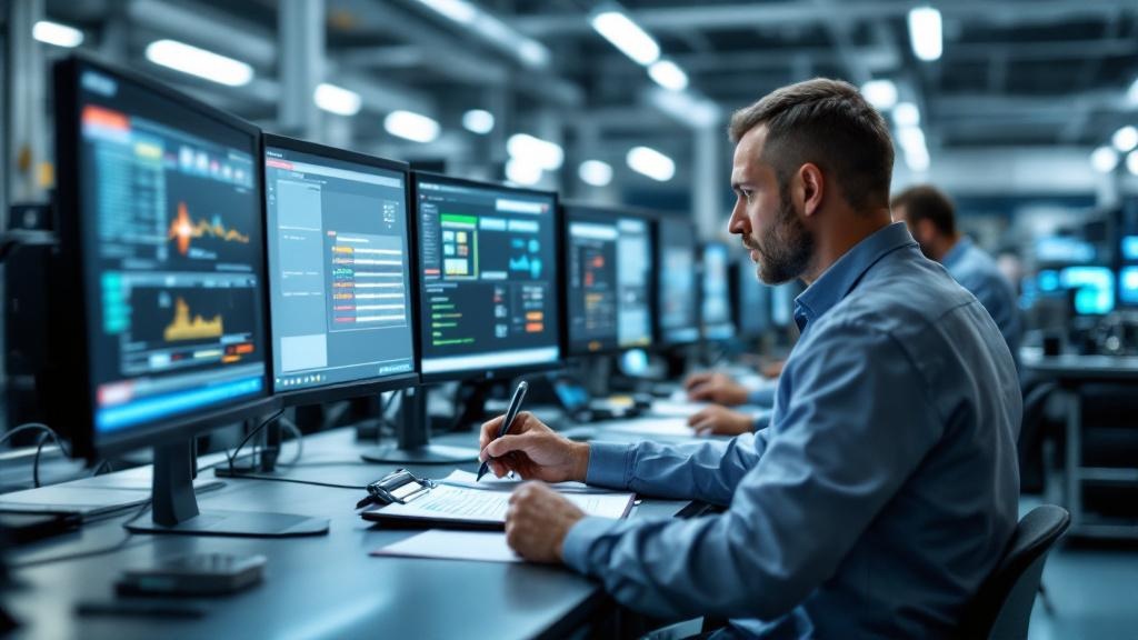An editorial photograph of a notified body testing laboratory in continental Europe, showing technical staff in a neutral industrial workspace examining server hardware and running diagnostic software