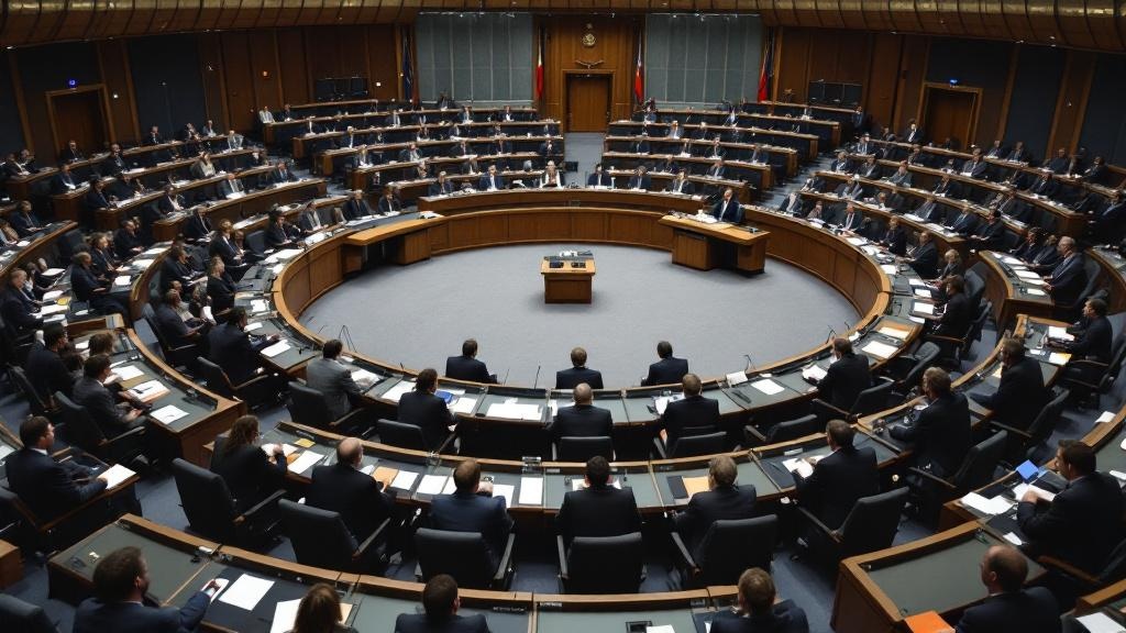 A photo-editorial image of a European Parliament committee hearing room, taken from a gallery angle, showing MEPs at curved benches facing expert witnesses seated at a central table. Papers and name p