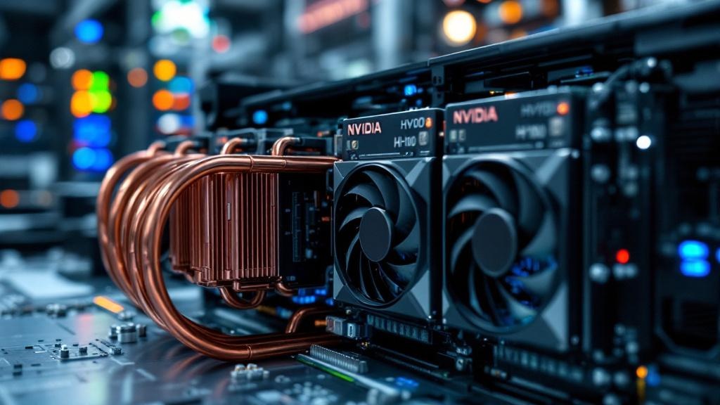 A close-up editorial photograph of a cluster of NVIDIA H100 GPU compute cards mounted in an open server chassis on a workbench, with heat pipes and copper cooling fins visible, set against a blurred b