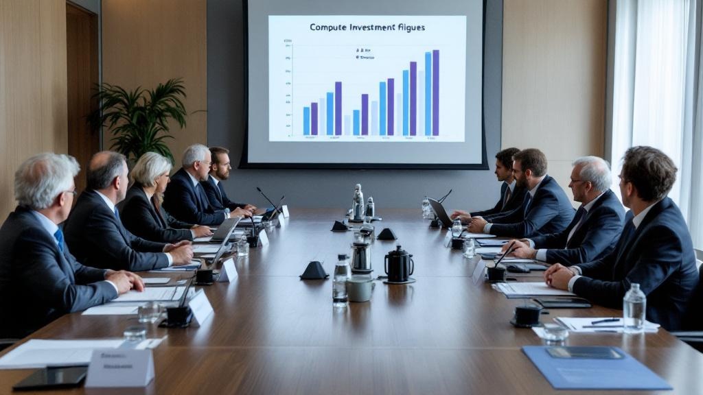 A formal conference-room photograph showing a round-table meeting of officials and technical experts, with name placards, laptops, and printed briefing documents visible on the table. A projection scr