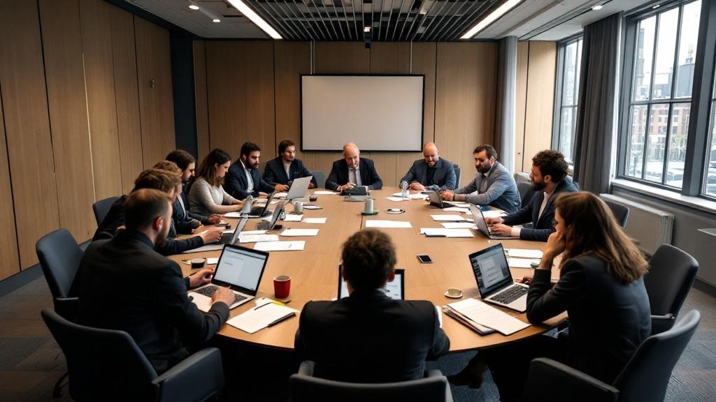 A medium-format editorial photograph of a round-table working group session in a contemporary Brussels conference room, showing a diverse group of policy professionals, technologists, and civil societ