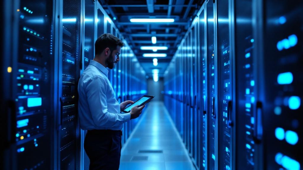 An editorial photograph of server racks inside a European public-sector data centre, shot from a low angle to emphasise scale, with blue indicator lights creating depth in the background. A single tec