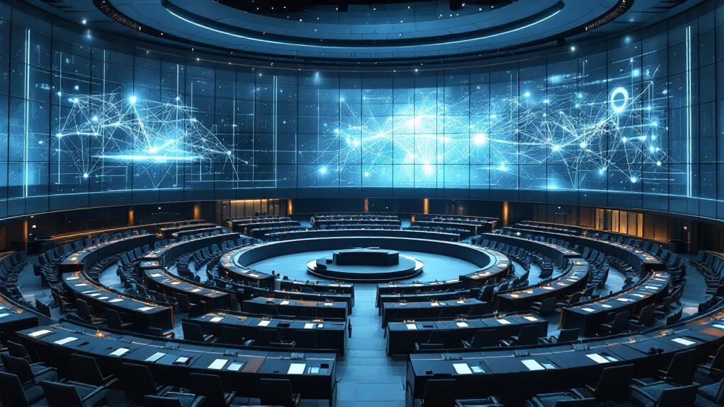 A wide-angle editorial photograph taken inside a modern European parliamentary or regulatory chamber, such as the European Parliament hemicycle in Strasbourg or a glass-walled ministerial conference r