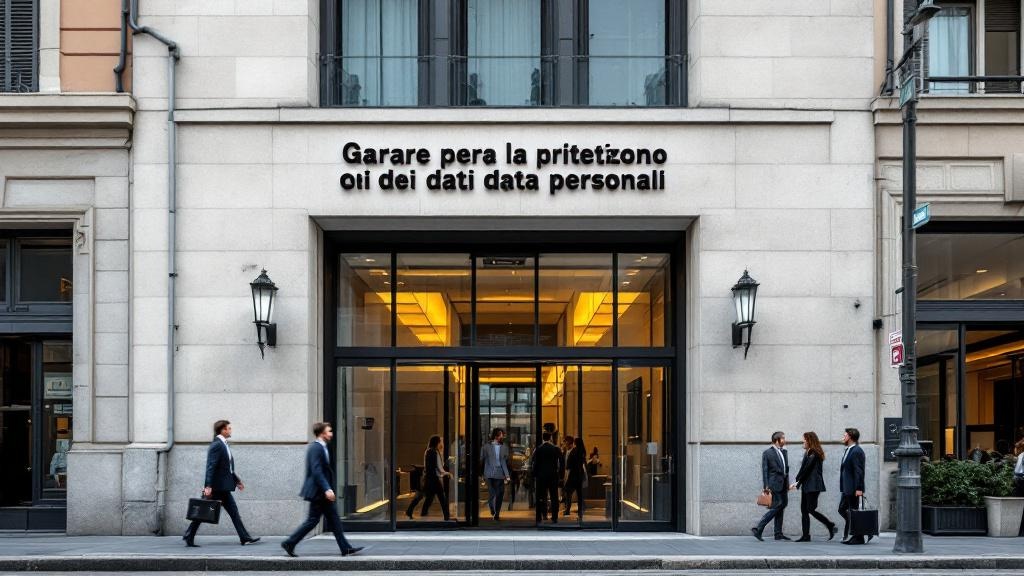An editorial photograph of the exterior of the Garante per la protezione dei dati personali offices in Rome, shot at street level during daylight. The building should appear functional and institution