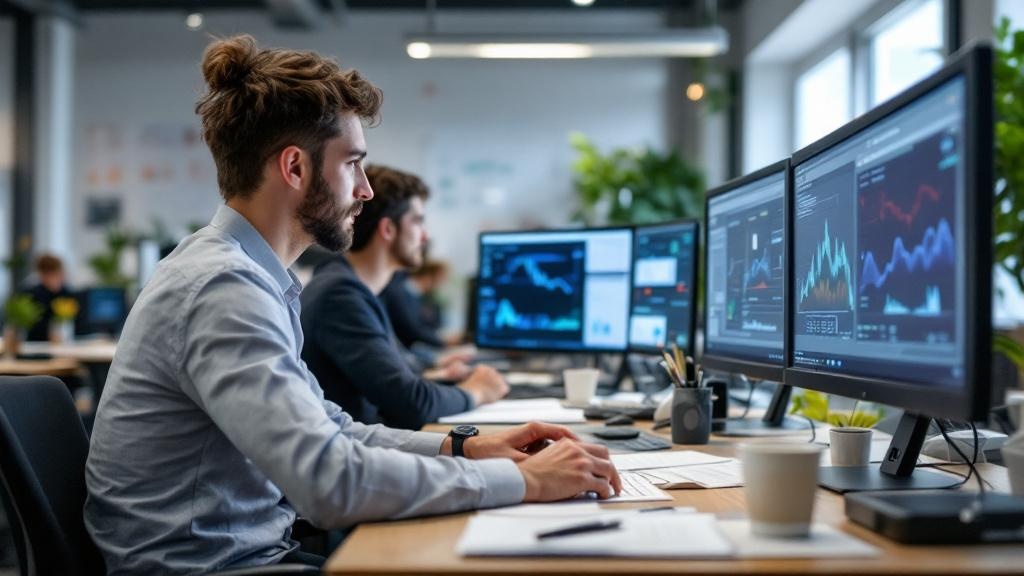An editorial photograph inside a university research lab in Milan or Rome, showing researchers in their late twenties or thirties working at screens displaying data visualisations or model outputs. Th