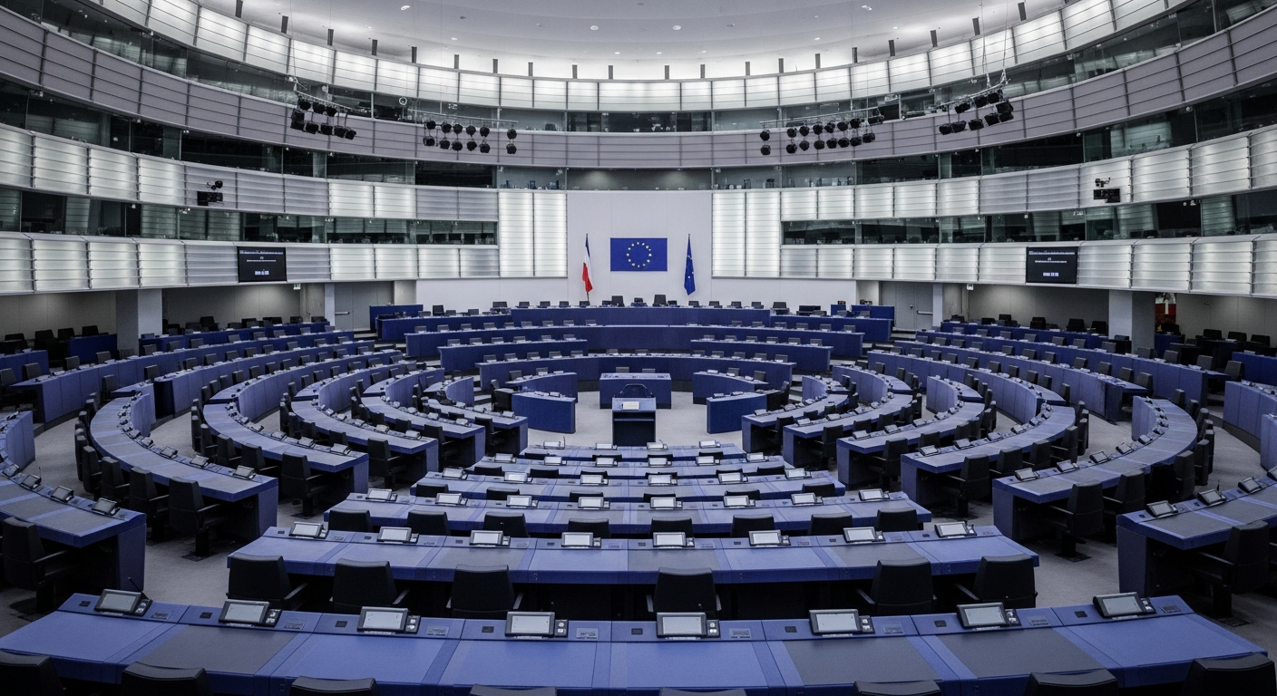 A wide-angle editorial photograph taken inside a European parliamentary or regulatory committee chamber, such as the European Parliament building in Strasbourg or a modern Brussels policy conference r