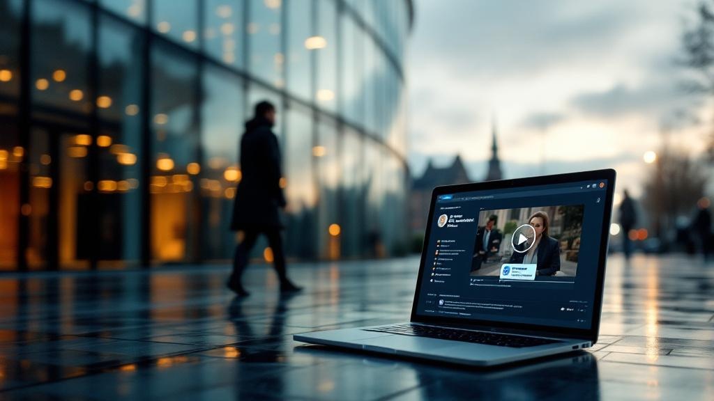 A wide-angle editorial photograph shot inside a modern European regulatory or technology policy setting: the curved glass facade of the European Parliament in Strasbourg reflected in rain-wet pavement