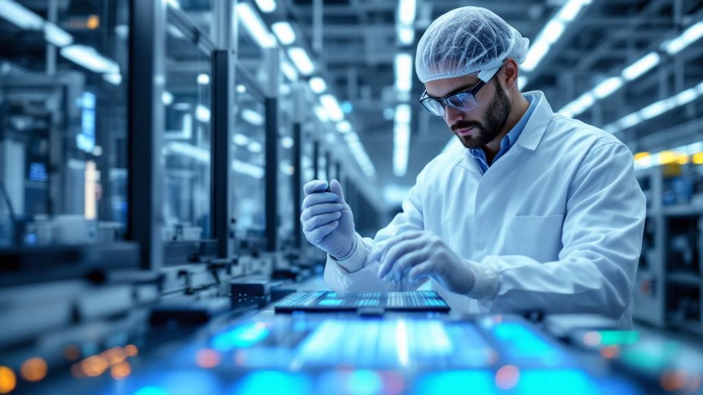 Editorial photograph taken inside a European semiconductor research facility, showing a researcher in cleanroom attire examining a silicon wafer under white laboratory lighting, with rows of precision