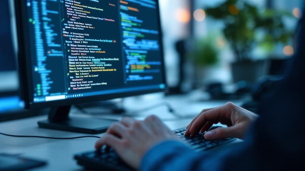 Close-up editorial photograph of a researcher's hands on a keyboard, a terminal window visible on one monitor and a dense technical evaluation report on a second monitor, the setting clearly a Europea