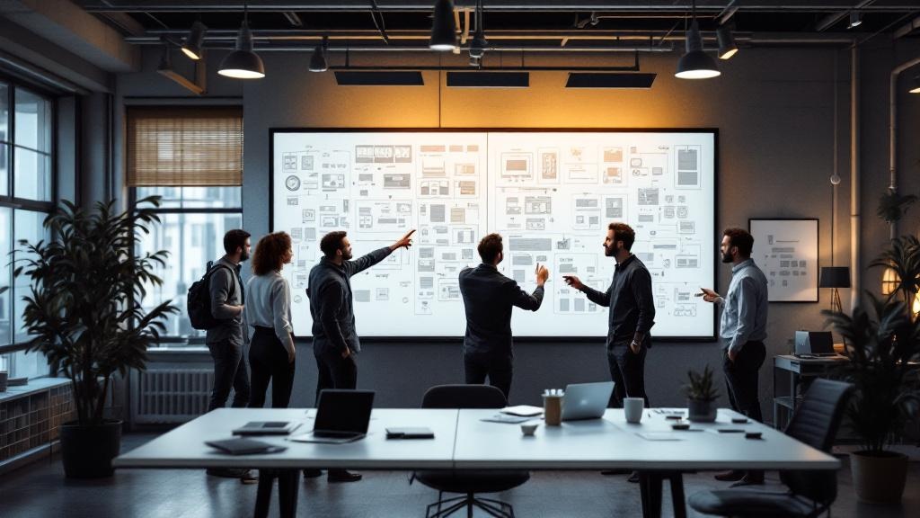 Editorial photograph of a wide-angle view inside a contemporary European tech company open-plan office, engineers gathered around a whiteboard covered in model architecture diagrams, warm overhead lig