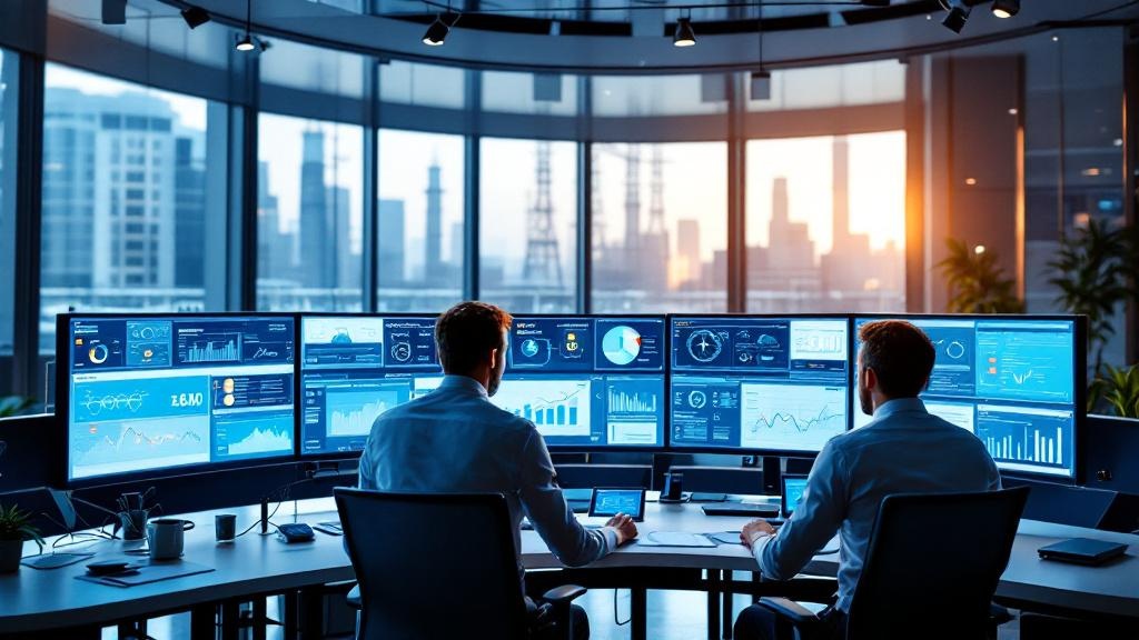 A wide-angle editorial photograph taken inside a modern European energy control room, showing two analysts seated at a curved workstation with multiple monitors displaying grid-load dashboards and AI-
