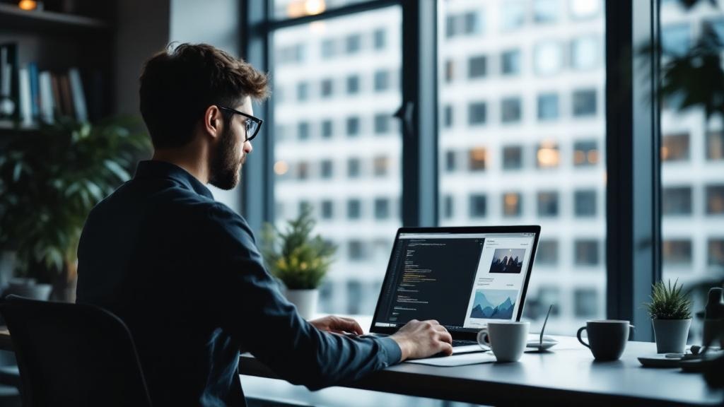 Editorial photograph of a professional in their late twenties or early thirties studying on a laptop at a desk inside a modern co-working space. Floor-to-ceiling windows reveal the ETH Zurich main bui