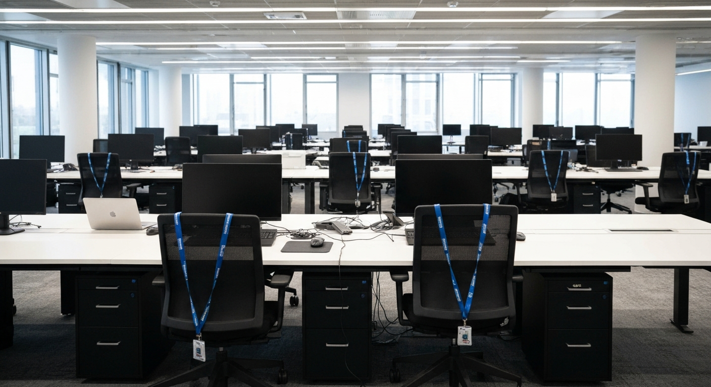 A wide-angle editorial photograph taken inside a modern European open-plan technology office, likely in Amsterdam or Munich, showing rows of empty ergonomic workstations with laptops closed and corpor