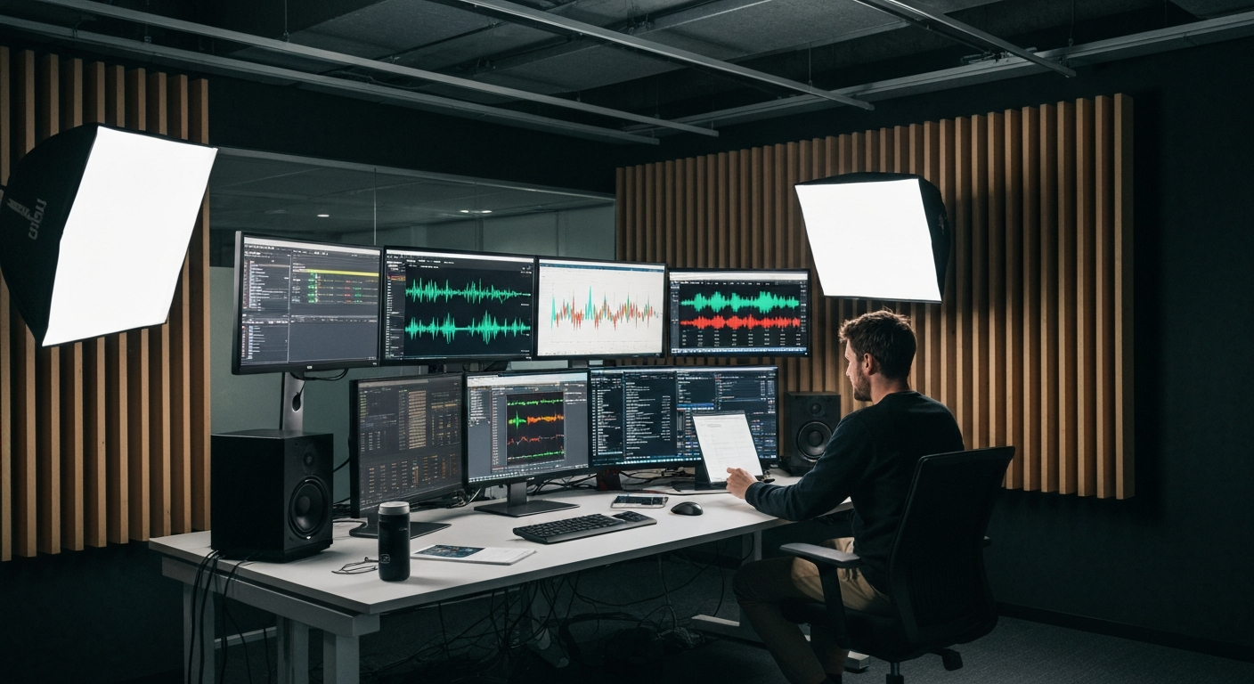 Editorial photograph taken inside a modern European music rights organisation office, likely London or Berlin; a music industry professional in their thirties reviews streaming analytics on a large mo