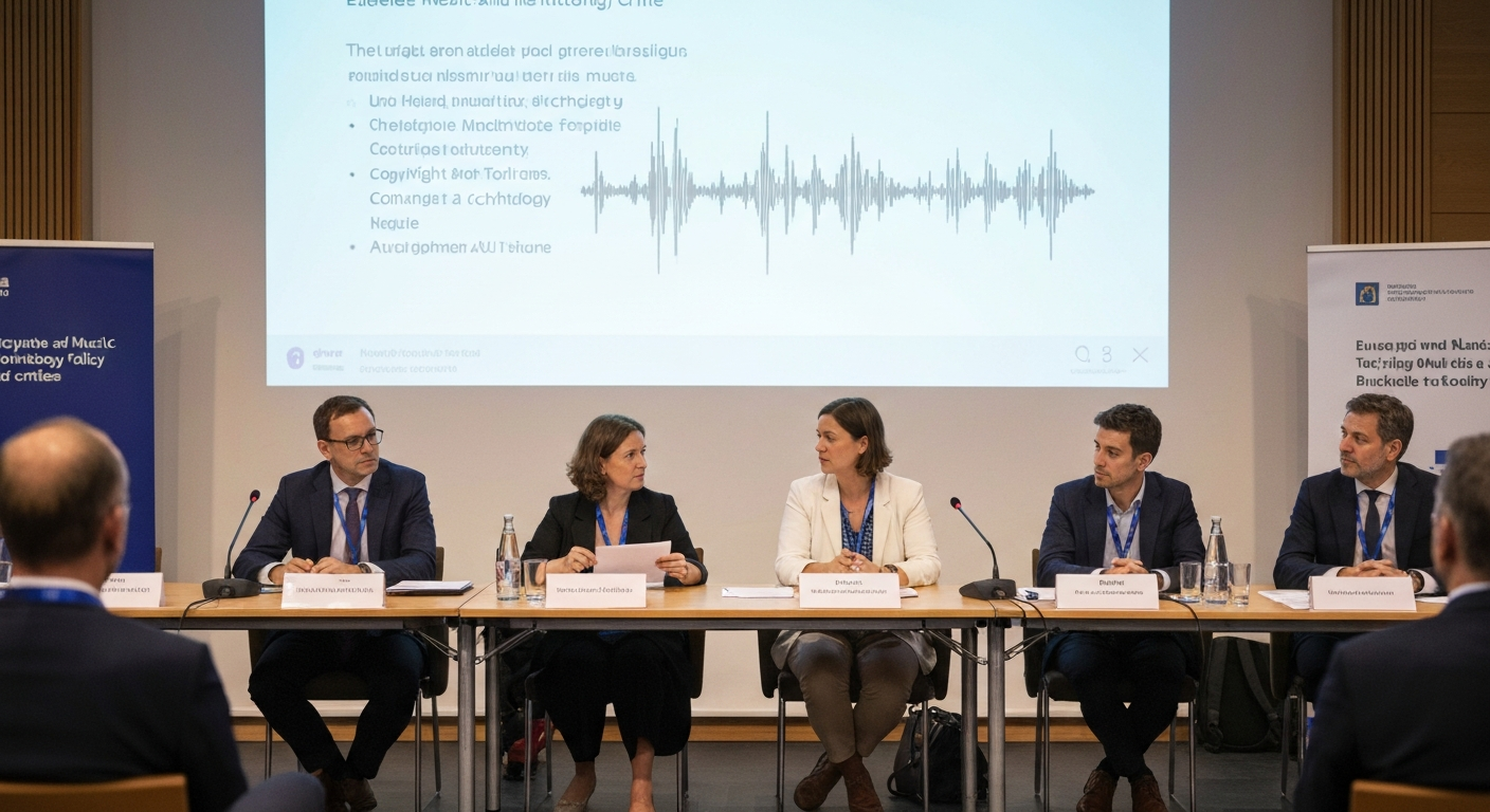 Wide-angle editorial shot of a contemporary European music licensing conference room, possibly at a PRS for Music or GEMA facility; several professionals seated around a glass table with laptops open 
