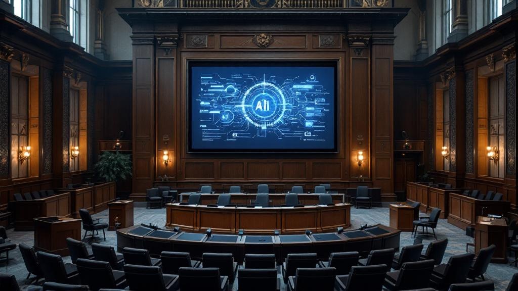 A wide editorial photograph taken inside a contemporary European parliament or government chamber, showing a large digital display screen mounted on a formal oak-panelled wall, displaying an abstract 