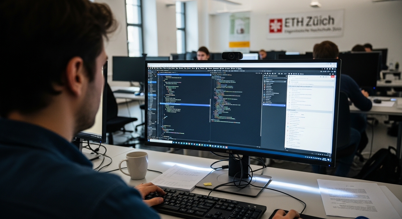 A cybersecurity analyst at a dual-monitor workstation inside a modern European government IT operations centre, reviewing code and network traffic logs on screen. The environment is clean and institut
