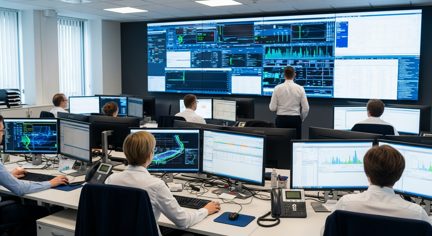 Close-up of a laptop screen showing a browser session with an AI assistant sidebar open, overlaid with a semi-transparent visualisation of data packets being transmitted to a remote server. The settin