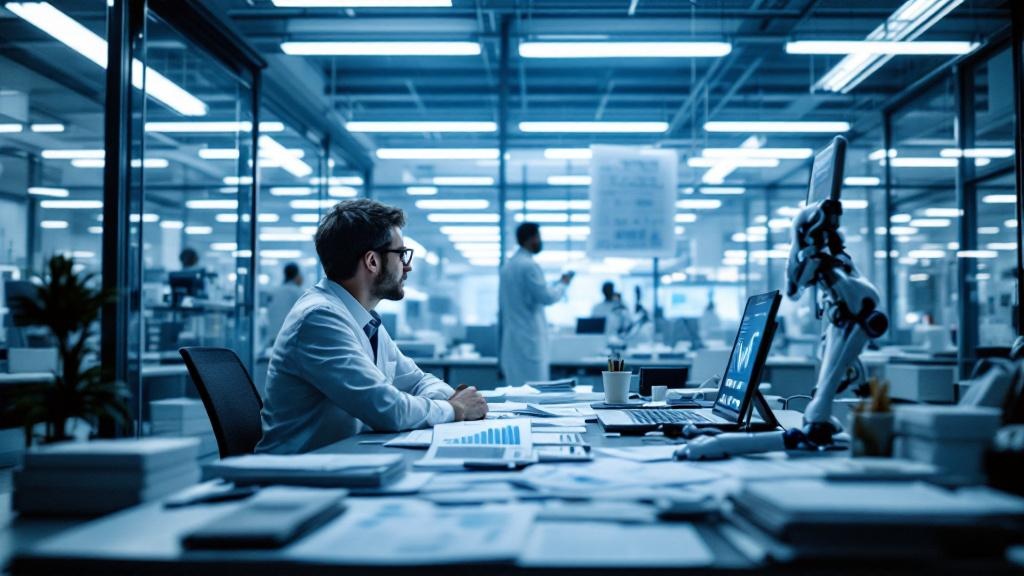 Editorial photograph taken inside a contemporary European university research facility, such as ETH Zurich or the University of Cambridge. A researcher sits at a desk surrounded by printed academic pa
