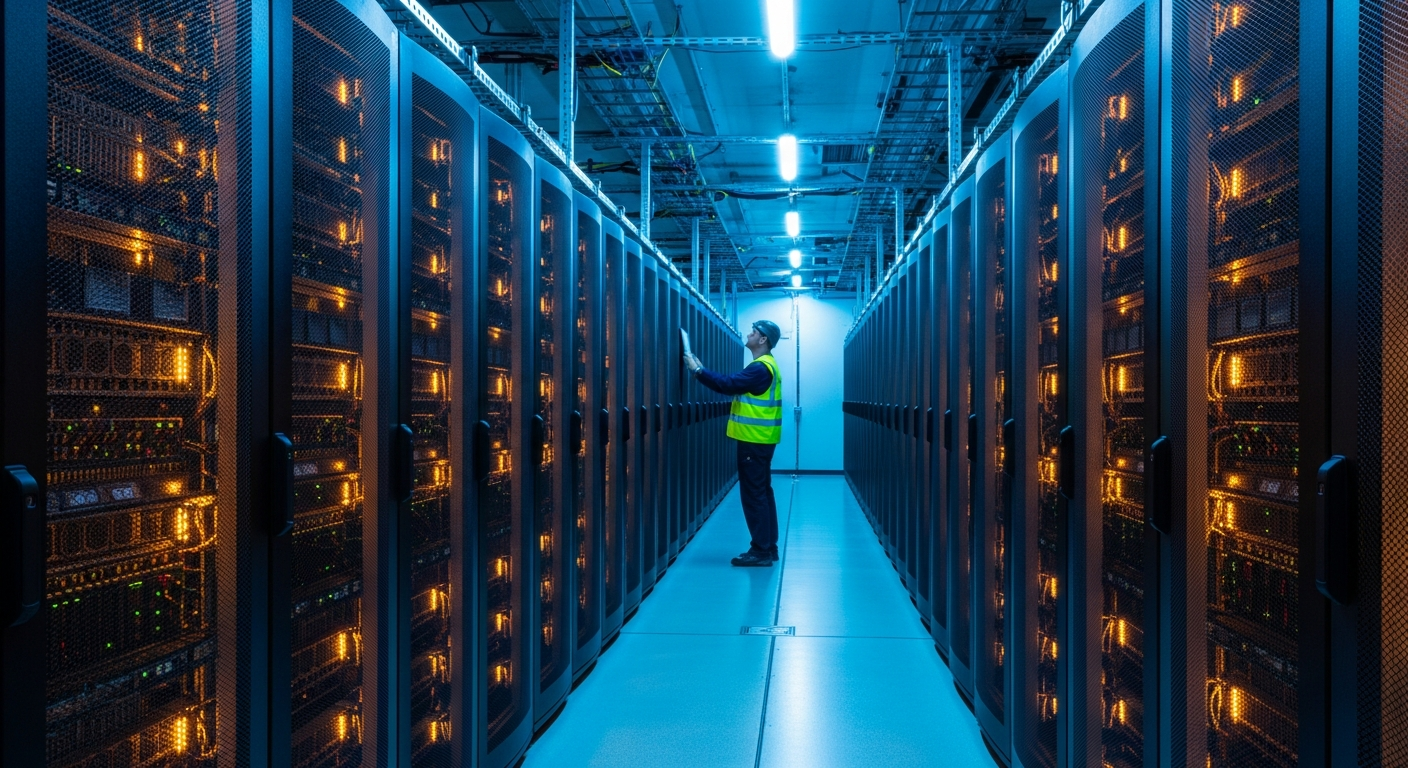 Editorial photograph taken inside a European hyperscale data centre facility, rows of illuminated server racks stretching into the distance under cool blue lighting, with a lone engineer in a high-vis