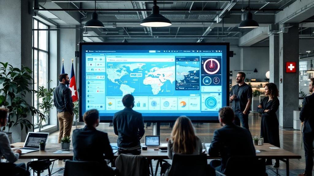A wide-angle editorial photograph taken inside a contemporary European collaborative workspace, showing a mixed group of professionals gathered around a large digital display running AI-generated work