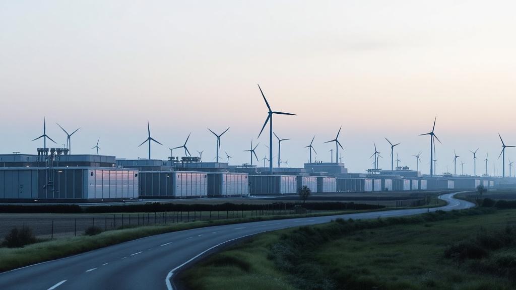 Wide-angle editorial photograph taken at dusk outside a large industrial data centre facility in a flat northern European landscape, possibly the Netherlands or northern Germany. Rows of cooling units
