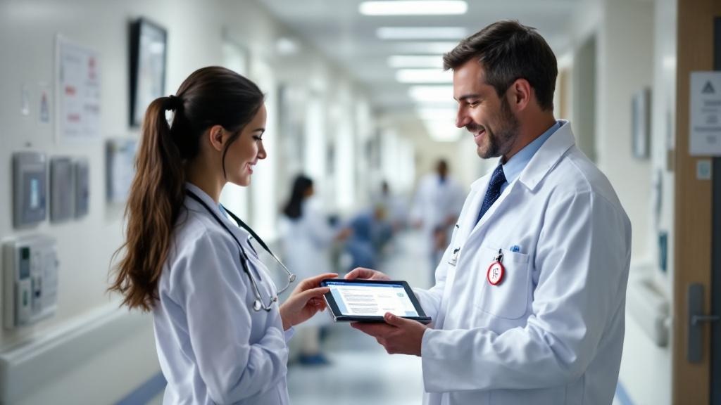 A NHS hospital ward corridor in natural daylight, a consultant and a registrar reviewing a tablet displaying a structured clinical note generated by an AI scribe tool, with an electronic patient recor