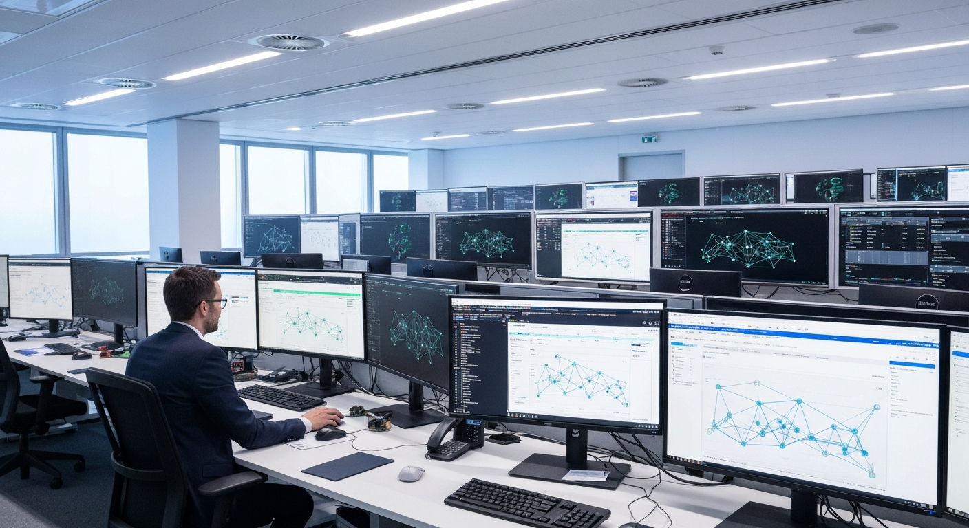 Editorial photograph taken inside a modern European bank technology operations centre, likely in Zurich or Geneva. Screens display real-time transaction monitoring dashboards with network graph visual