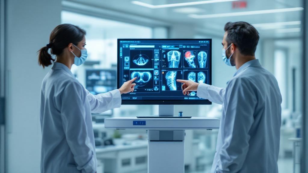 Editorial photograph inside a modern European hospital, showing a clinician reviewing AI-assisted diagnostic results on a large monitor in a well-lit radiology reading room. A second clinician stands 