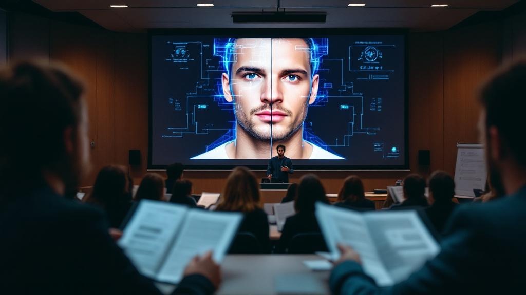 Editorial photograph showing a university lecture theatre at ETH Zurich or a British university, with a researcher projecting a split-screen comparison of a real human face and an AI-generated face on