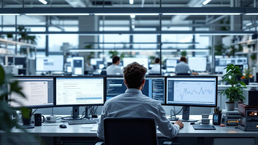 An editorial photograph of the interior of ETH Zurich or a comparable European research institution, showing a researcher working at a workstation surrounded by screens displaying natural language pro