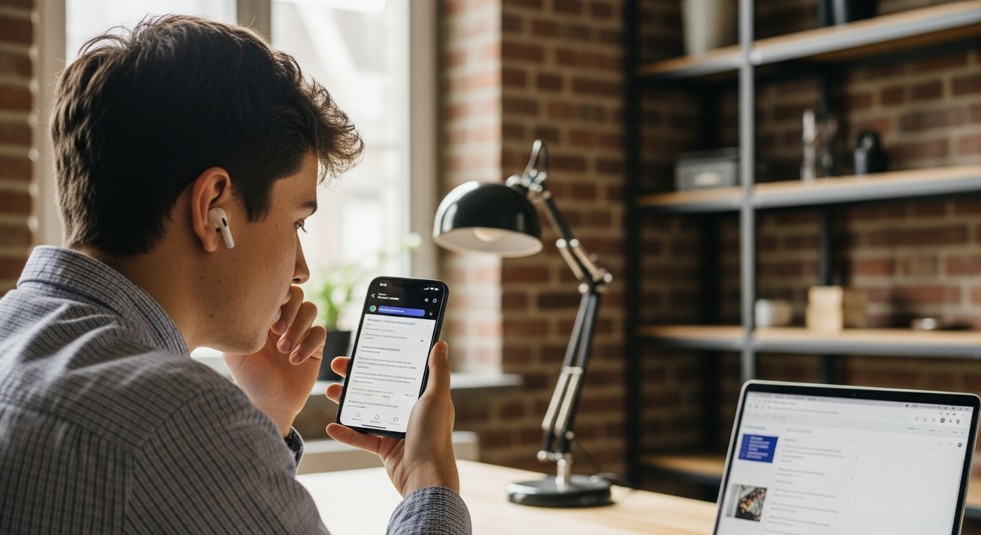 A young professional wearing earbuds sits on a busy London commuter train, holding a smartphone displaying a language learning app interface with waveform visualisation indicating active voice recordi