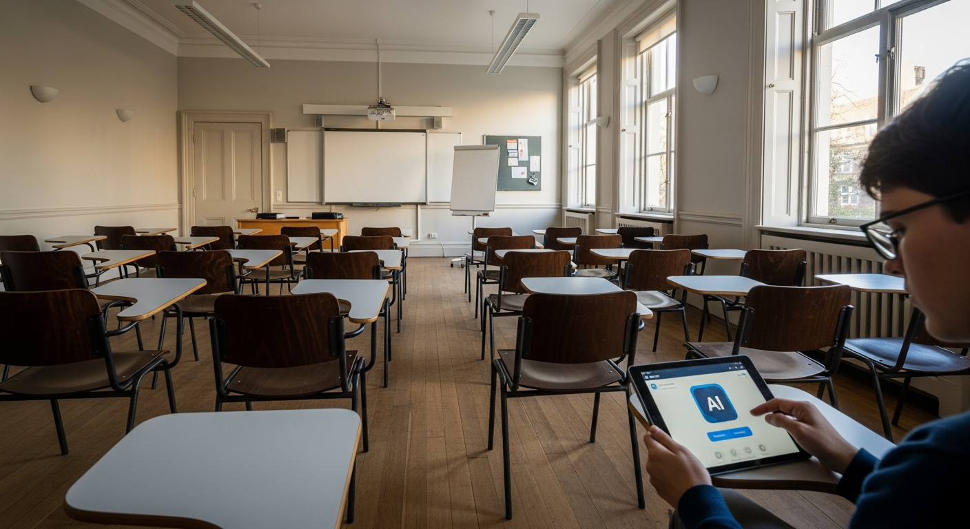 Wide-angle interior shot of a modern university language laboratory at ETH Zurich or the University of Edinburgh, showing students at individual workstations with headsets, screens displaying AI conve