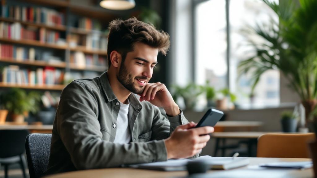 Editorial photograph of a young adult using a language learning app on a smartphone while seated in a modern European university common room, bookshelves and a large window visible in the background. 