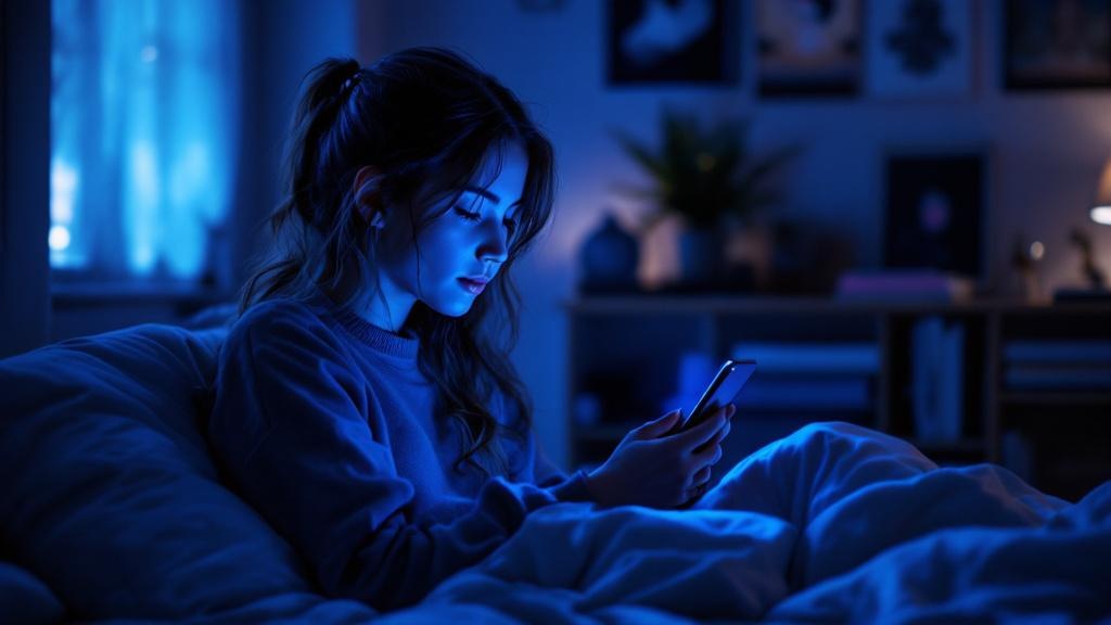 A teenage girl in a European bedroom uses an AI companion app on her smartphone late at night, lit by the cold blue glow of the screen.