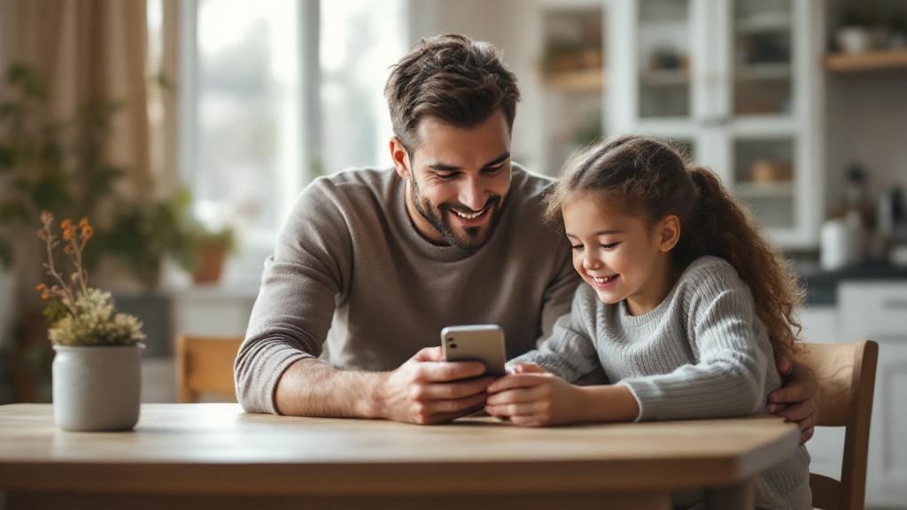 A parent and young child sit together at a kitchen table in a modern European apartment, the parent holding a smartphone displaying a chat interface. Natural morning light from a large window. The chi