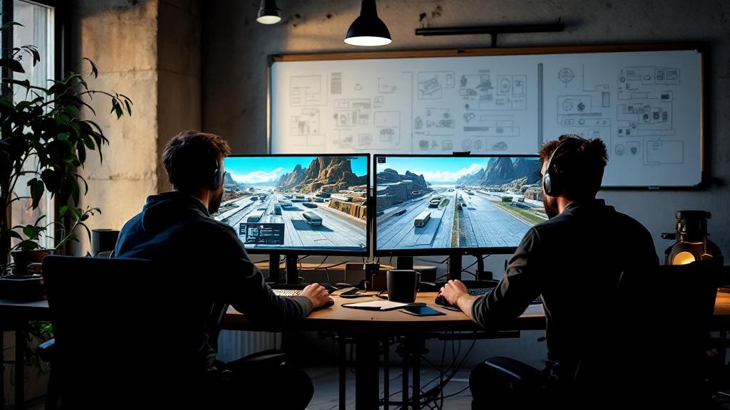 A wide-angle editorial photograph taken inside a modern European game development studio, likely in Berlin or Paris, showing two developers at dual-monitor workstations reviewing AI-generated 2D game 