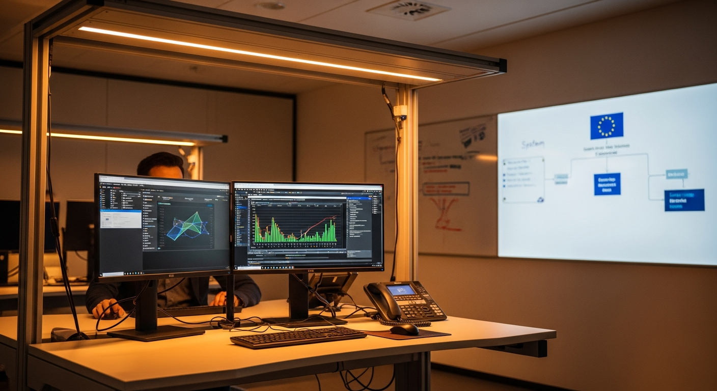 Editorial photograph taken inside a modern European hospital's clinical informatics suite: a healthcare data scientist in scrubs reviews model training metrics on a large monitor, with a rack of on-pr