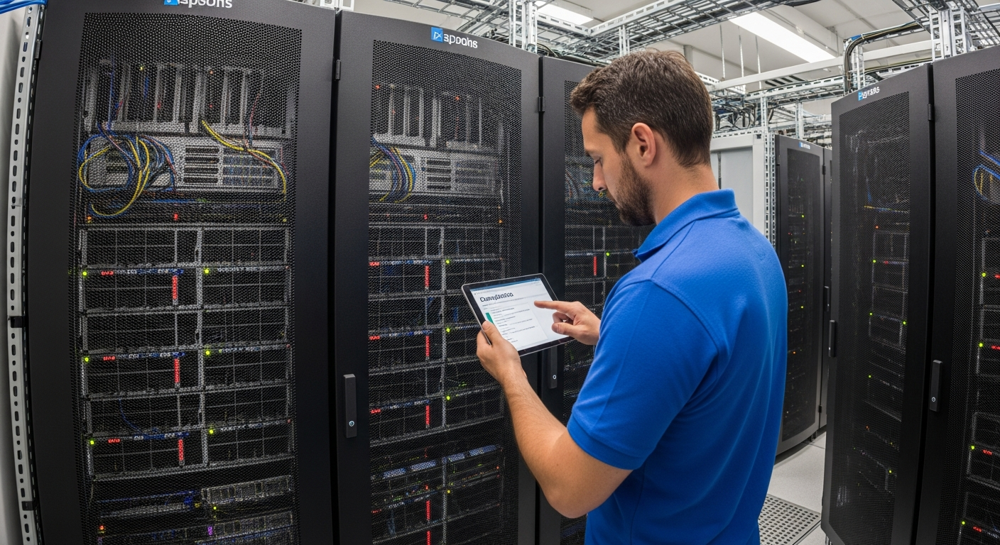 Wide-angle editorial photograph of a co-working space inside a Berlin technology campus, showing a small team of engineers collaborating around a workstation running a distributed compute dashboard. E