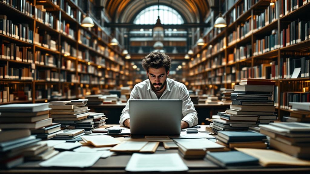 A wide-angle editorial photograph taken inside a modern European university library, such as the Bodleian Libraries in Oxford or the ETH Zurich main library, showing a researcher at a desk surrounded 