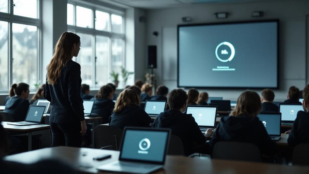 Editorial photograph of a secondary school classroom in Northern Europe, pupils seated at desks with open laptops displaying a learning interface, a teacher standing at the front looking at a display 